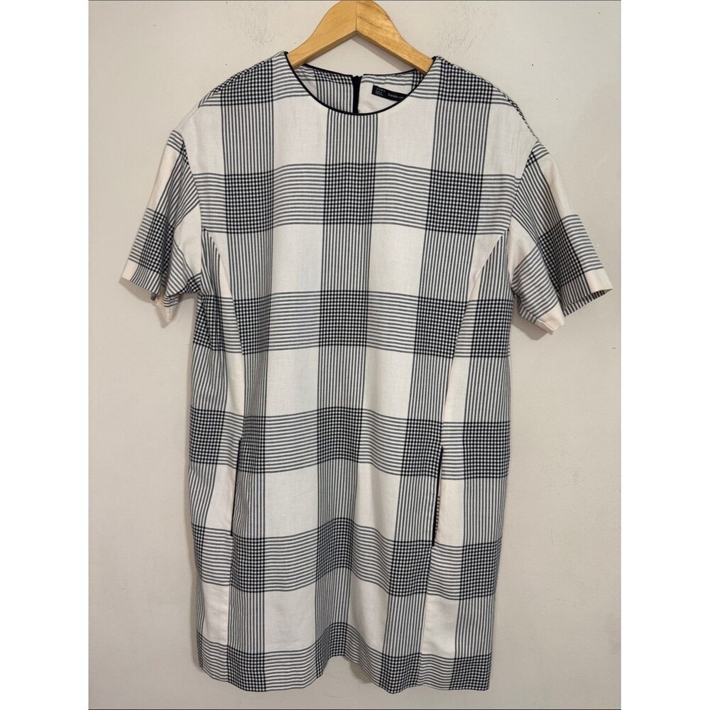 Zara Womens Check Plaid Shift Dress Ivory Black size M Career Old Money Classic